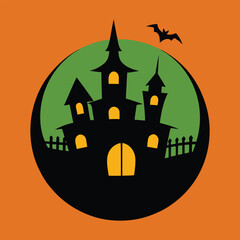 Spooky halloween castle silhouette with bat on orange and green background