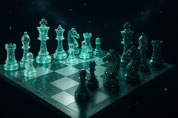 Futuristic chess set with transparent and dark pieces on glowing board uses chess as metaphor for strategy and intelligence in digital world