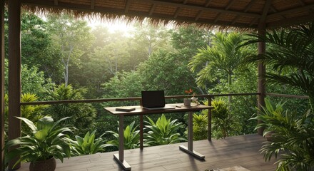 Tropical rainforest view through covered area in rain