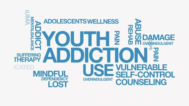 Youth addiction   Animated Tag Word Cloud kinetic typography concept, Text Design Animation typography seamless loop video motion graphics Intro 4k, animated Word Art Looping Text effects
