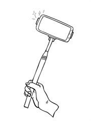 Hand holding selfie stick with smartphone monochrome vector illustration painted by black inks. Mobile phone on monopod line art for social media, travel blogs, event advertising, influencer content