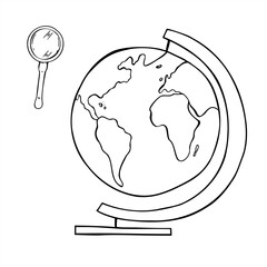 Magnifying glass and globe with continents set monochrome vector line art black ink sketch. Geography and research. For travel blogs, educational materials, and geography projects
