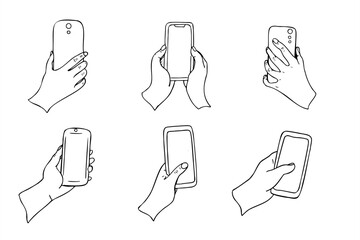 Monochrome hand holding vertically phone with white display vector isolated sketch painted by black inks. Empty spice on mobile device for any text hand drawn illustration for poster