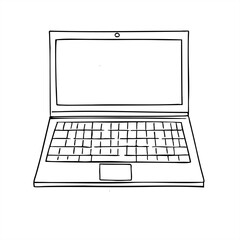 Open laptop stylized vector illustration painted by black inks. Front view. Monochrome flat of notebook for tech presentations, startup branding, remote work graphics, digital service advertisement