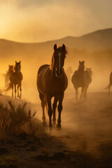 Fototapeta premium A horse standing in golden dust at sunset, with other horses in the background, a beautiful nature scene.
