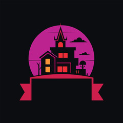 Spooky haunted house silhouette with moon and banner for halloween design