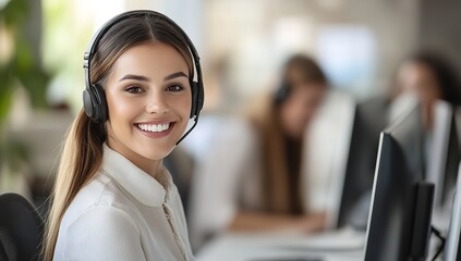 Customer Service Representative in Headset Offering Support with Positive Expression in Office Setting