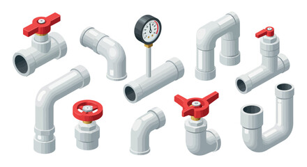 Plumbing components and pressure gauge for industrial and home use vector illustration