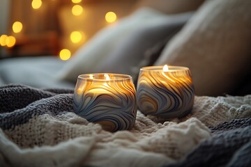 A set of jar candles with abstract swirl patterns on the glass, placed in a cozy reading nook with layered textures 