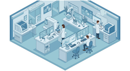 Modern laboratory research and development scene with scientists analyzing data vector illustration