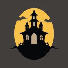 Spooky halloween haunted house silhouette against a full moon