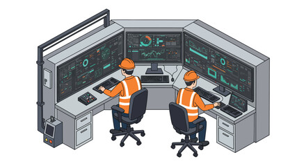Industrial control room with engineers monitoring systems for automation vector illustration