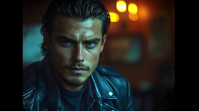 Handsome man with blue eyes, wearing a stylish leather jacket, stares intently.
