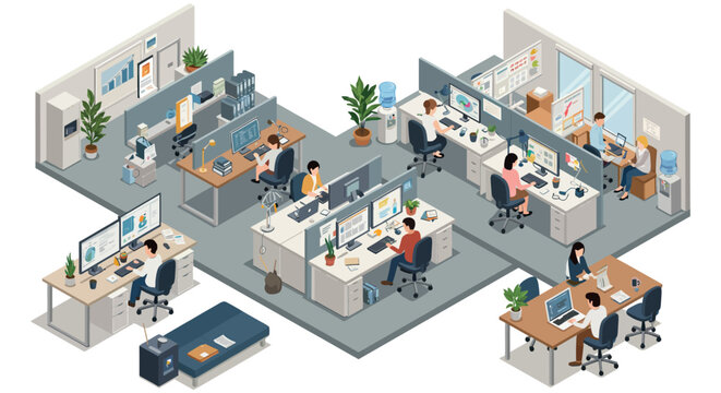 Modern office environment with employees working at desks in collaborative space vector illustration