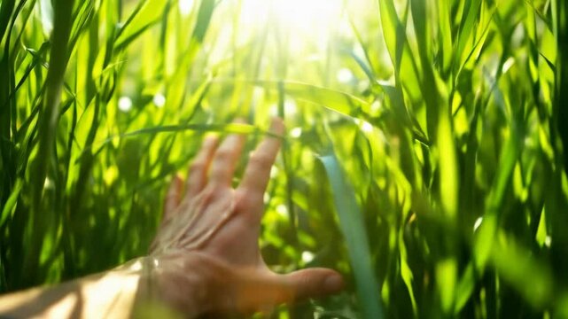 Experiencing Nature: A Human Hand Reaching Through Vibrant Green Grass Blades