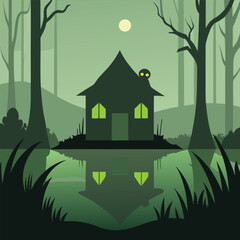 Spooky house silhouette with glowing eyes reflected in calm lake surrounded by forest