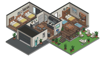 Modern sustainable home with electric car charger and cozy interior design vector illustration