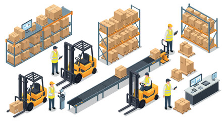 Warehouse logistics and operations with forklift and conveyor belt vector illustration