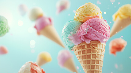 3D rendering of an ice cream cone with different-colored scoops flying against a pastel background