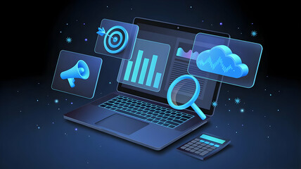 Laptop with floating icons representing business analytics and data management tools on dark background
