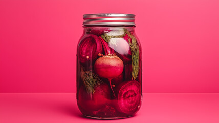A clear glass jar packed with vibrant pickled beets,