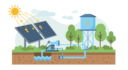 Renewable energy water pump system with solar panels and storage tank vector illustration © Santiago