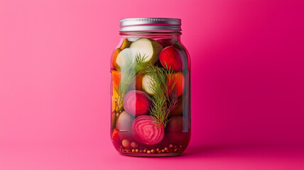 A clear glass jar packed with vibrant pickled beets,