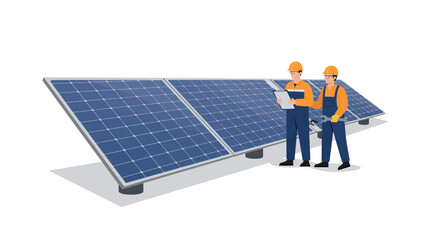 Renewable energy engineers inspecting solar panels for sustainable development vector illustration © Santiago
