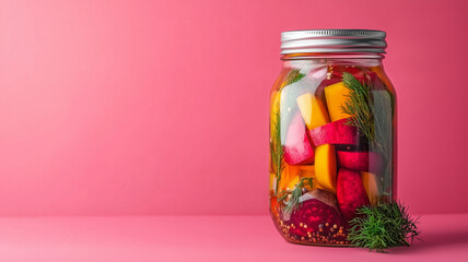 A clear glass jar packed with vibrant pickled beets,