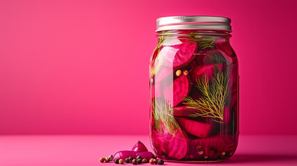 A clear glass jar packed with vibrant pickled beets,