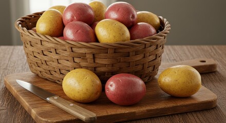 Various potatoes in rustic basket on wooden board