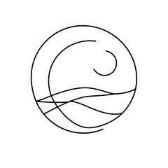 Minimalist Seascape Line Art: A delicate, minimalist line art illustration featuring a serene seascape with gentle wave and the celestial moon encapsulated within a perfect circle.