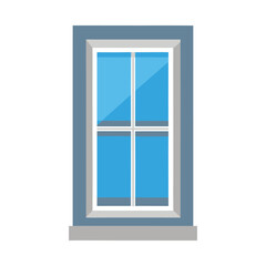 Window frame illustration with blue glass panes and gray accents