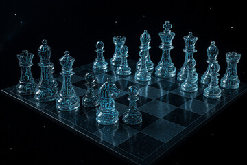 Glass chess pieces arranged on board as metaphor for strategy and intellect in dark setting with reflective surfaces and clear design