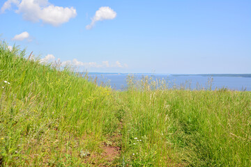 Green hillside overlooking a serene river under a bright blue sky copy space