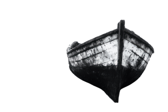A weathered, monochrome image of an old wooden boat, possibly abandoned, viewed from below. background removed - Powered by Adobe