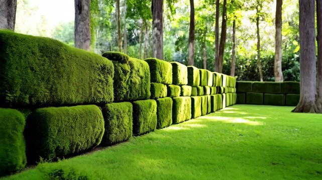 Geometric moss block wall with green grass lawn and trees forming idyllic, whimsical garden scene on sunny day