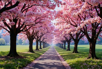 A serene spring scene unfolds as a winding path lined with blooming cherry trees leads into a green park, creating a picturesque alleyway of pink blossoms