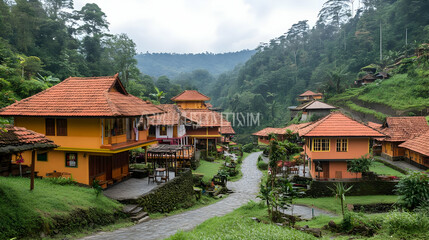Fototapeta premium Orange Roof Houses in Lush Green Tropical Mountain Village
