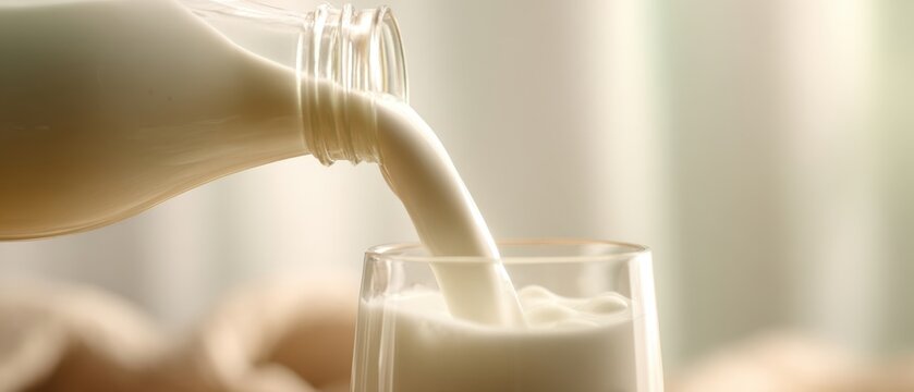 The pouring of fresh milk into a glass for a refreshing drink.