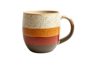 A speckled, multi-colored striped ceramic mug with a handle, perfect for coffee or tea. background removed