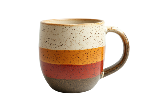 A speckled, multi-colored striped ceramic mug with a handle, perfect for coffee or tea. background removed