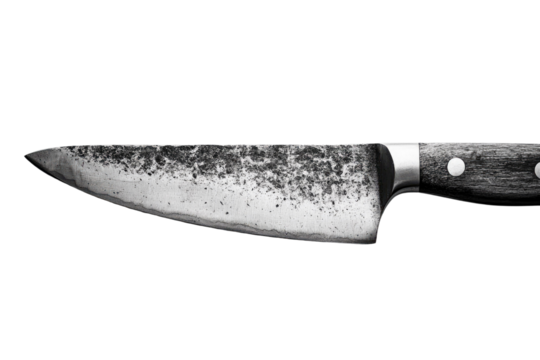 A well-used, rustic kitchen knife with a dark wooden handle and a speckled blade. background removed
