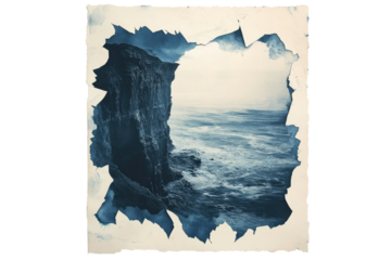 A dramatic, torn-edge photo reveals a rugged cliff overlooking a tempestuous sea. background removed