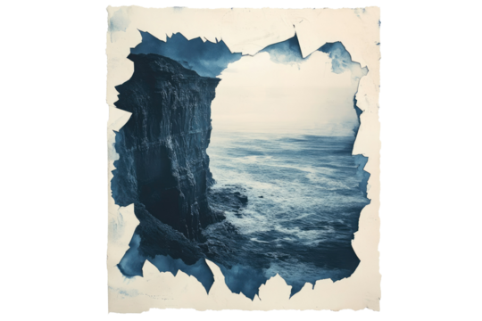 A dramatic, torn-edge photo reveals a rugged cliff overlooking a tempestuous sea. background removed