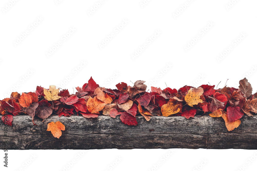 Poster autumn leaves of red, orange, and brown hues rest on a weathered log against a transparent backgroun