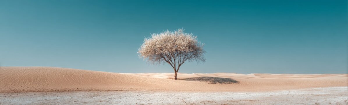 Lonely ghaf tree growing in the desert under blue sky