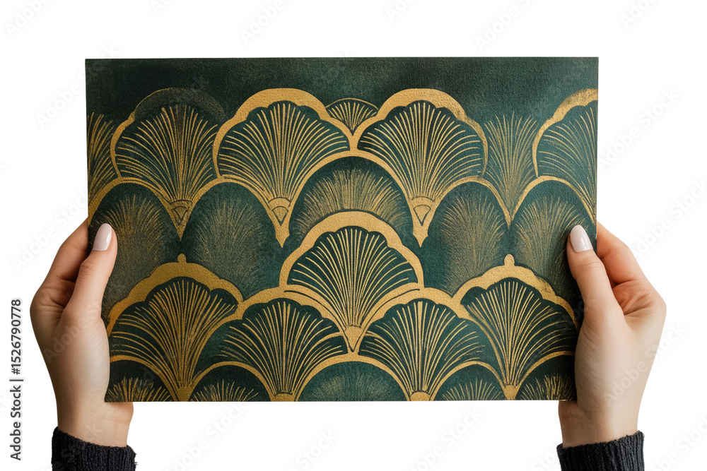 Poster Elegant art deco design with gold and dark green fan patterns on a textured background. background removed