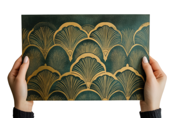 Elegant art deco design with gold and dark green fan patterns on a textured background. background removed