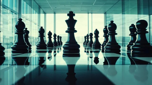 Low angle view of chess pieces on a reflective board with a large window backdrop